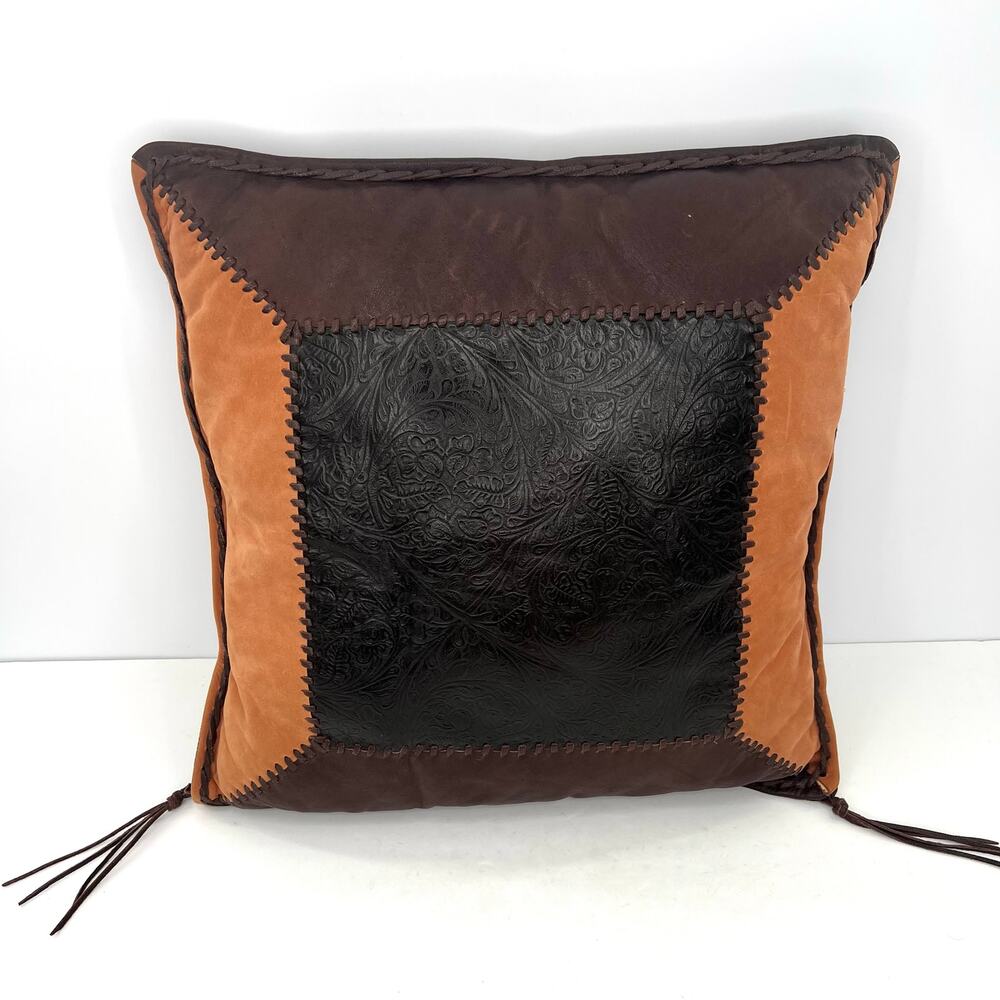 Vintage tooled patchwork leather suede 17” square pillow